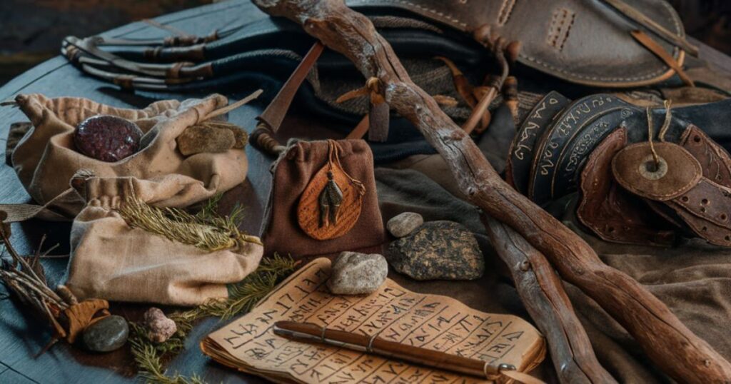 A table displaying various items: a hat, a book, a knife, and a bag, illustrating "What Equipment Do Druids Start With?