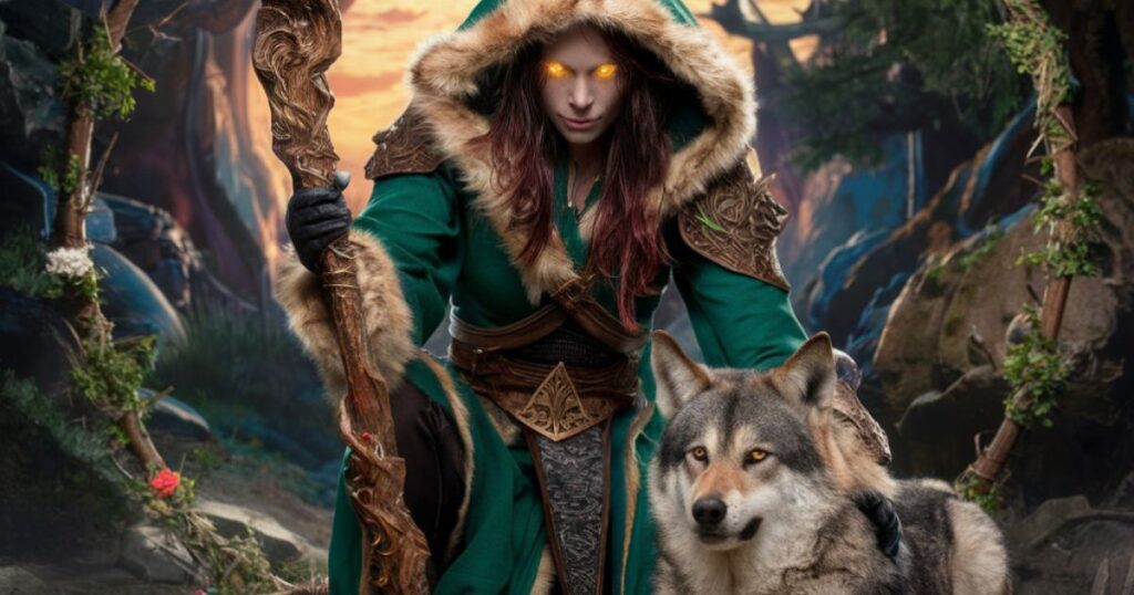 A woman in green attire stands with a wolf and a staff, embodying the essence of a Druid in DnD 5e.
