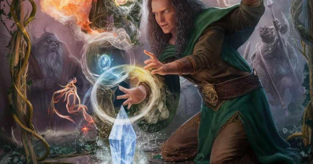 A woman in green robes holds a crystal, embodying the essence of Druid spells in DnD 5e.