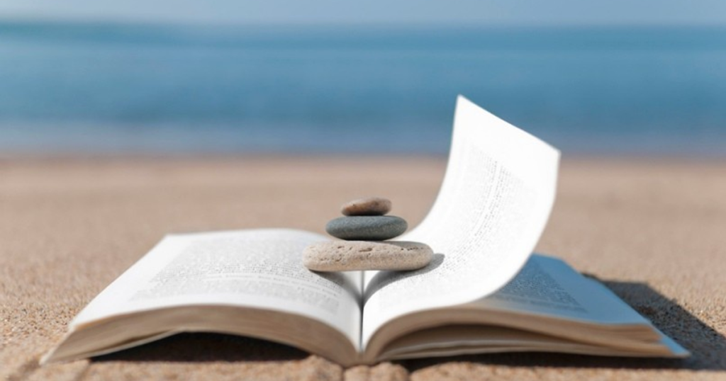 A book titled "What If I Want More Than One Book?" rests on a sandy beach, surrounded by scattered stones.