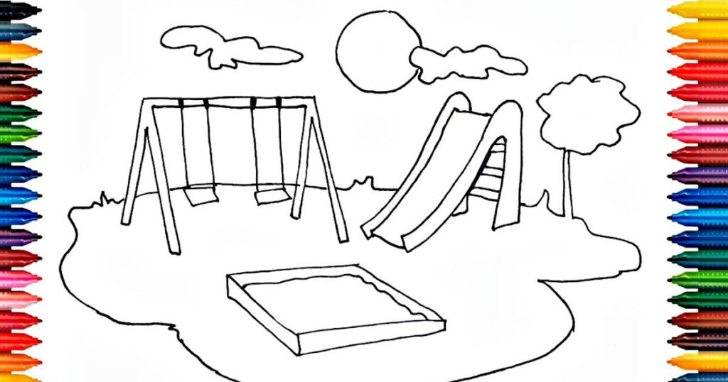 A coloring page featuring a playground with a slide, perfect for "On the Search for How to Draw Books for Kids."