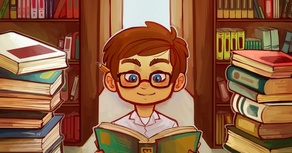 A cartoon boy reading "My First I Can Draw by Make Believe Ideas Ltd." in front of a colorful library backdrop.
