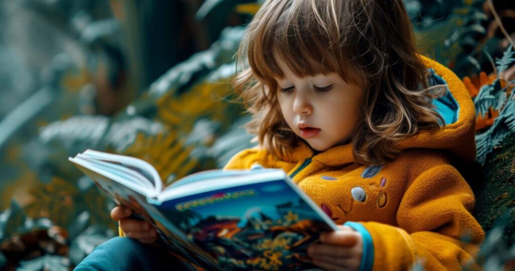 A little girl reading "The Usborne Step-by-Step Drawing Book" in a serene forest setting, surrounded by nature.