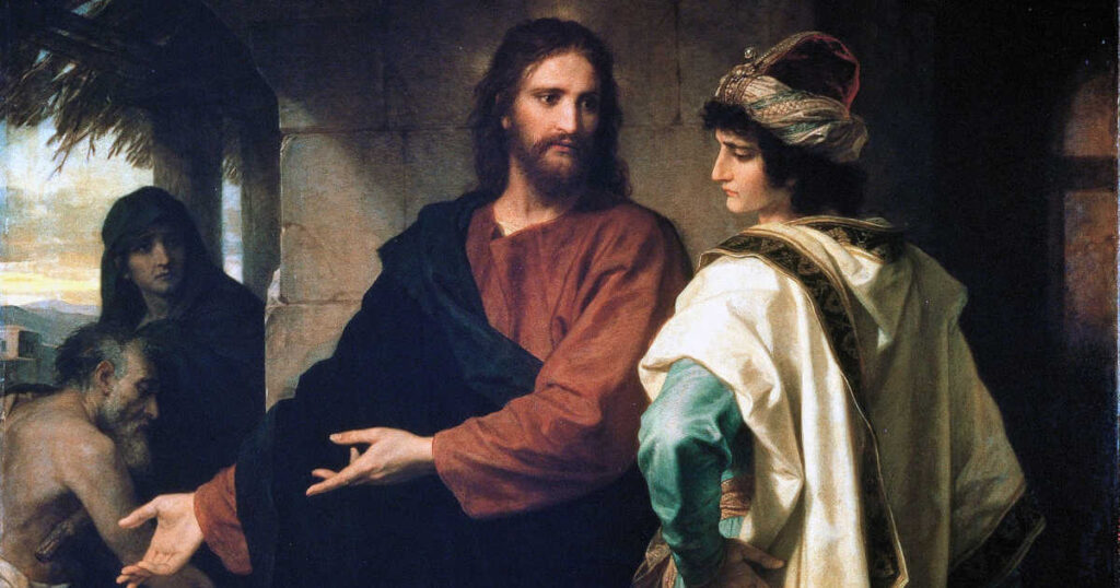 A painting depicting Jesus and a woman, illustrating themes from the Gospels and their significance in Christian faith.